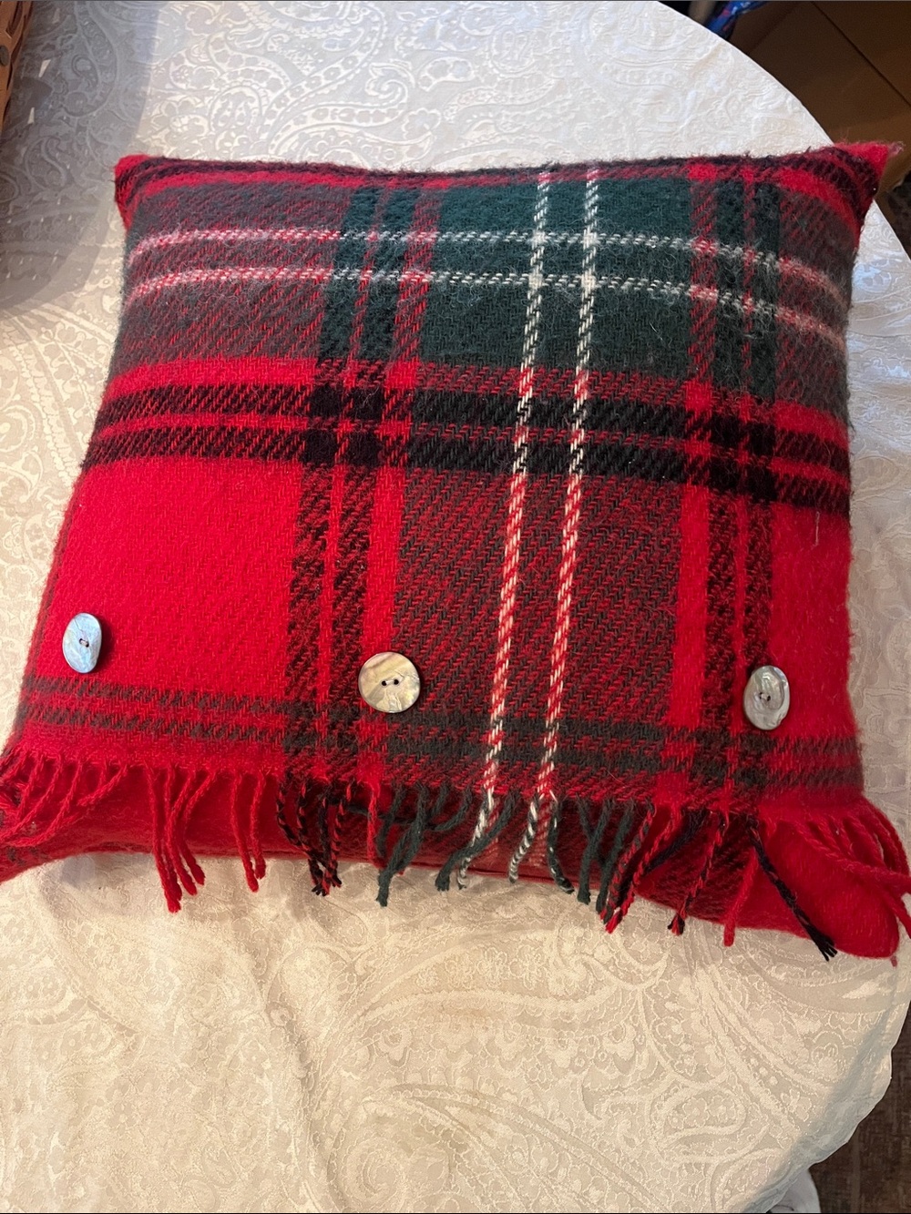 Williams Sonoma Home Tartan Wool Red and Green Plaid Holiday Pillow with Fringe